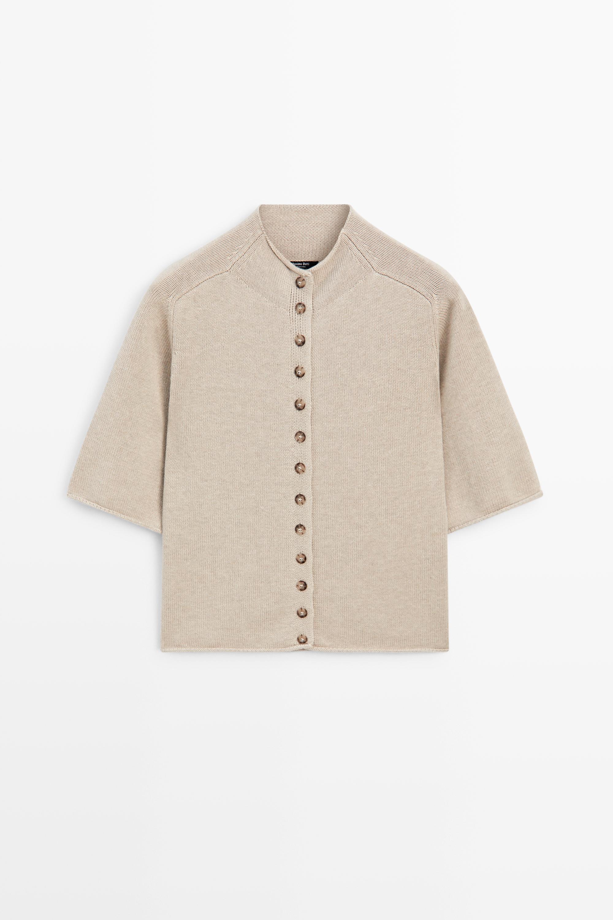 Cotton funnel neck knit cardigan